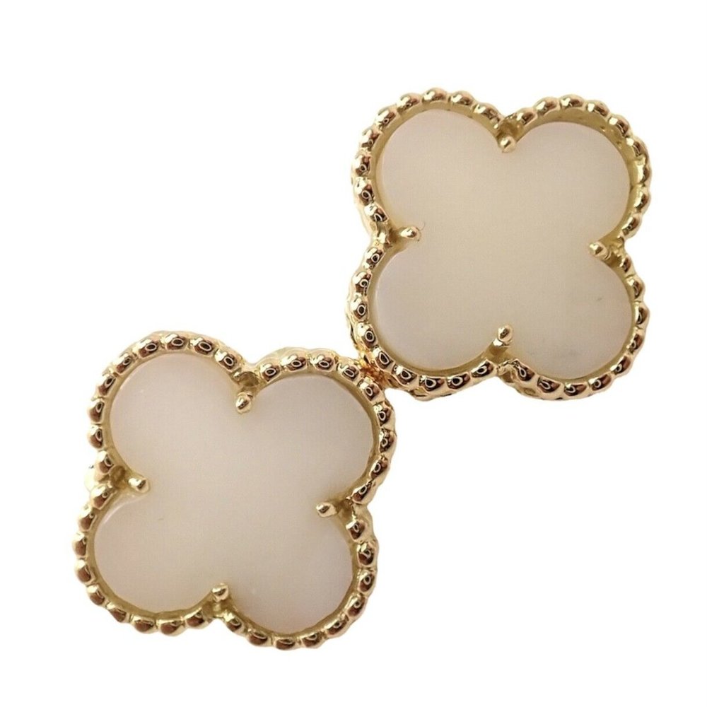 Rare! Van Cleef & Arpels Vintage Alhambra 18k Yellow Gold White Coral Earrings